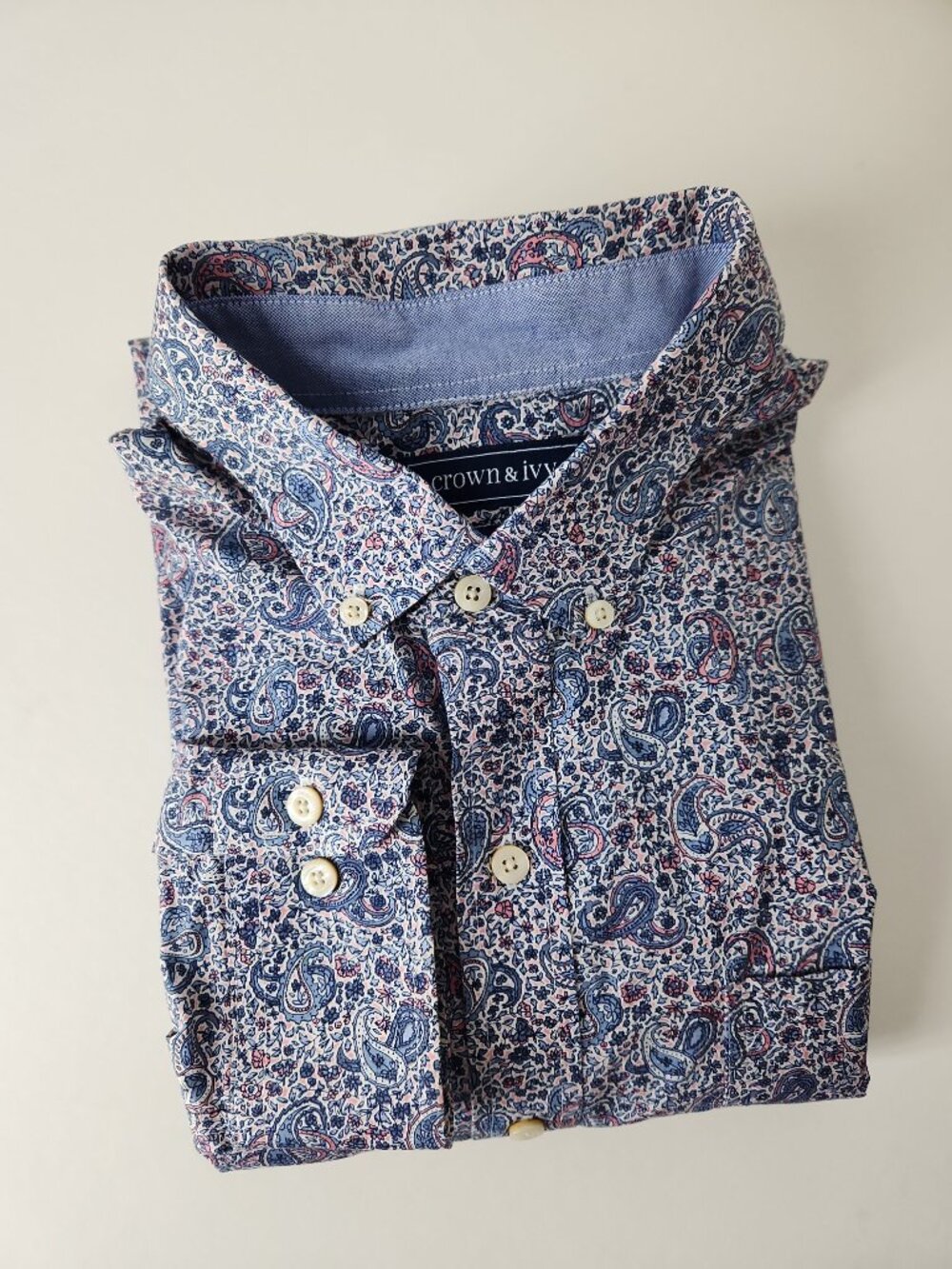 Crown & Ivy classic fit button-down long sleeve shirt blue pink Paisley men's XL